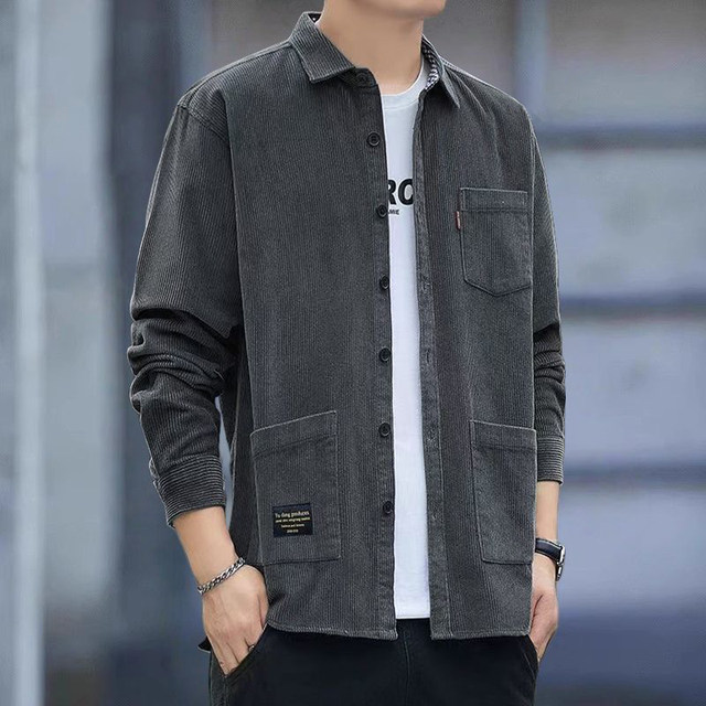 ຜູ້ຊາຍ corduroy ຫນັກ striped ຫຼາຍກະເປົ໋າ lapel ແຂນຍາວ ເສື້ອທີເຊີດຜູ້ຊາຍ trendy jacket versatile jacket ອຸນຫະພູມຄົງທີ່