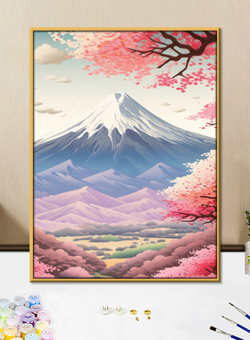 富士山下樱花风景diy手绘油彩画