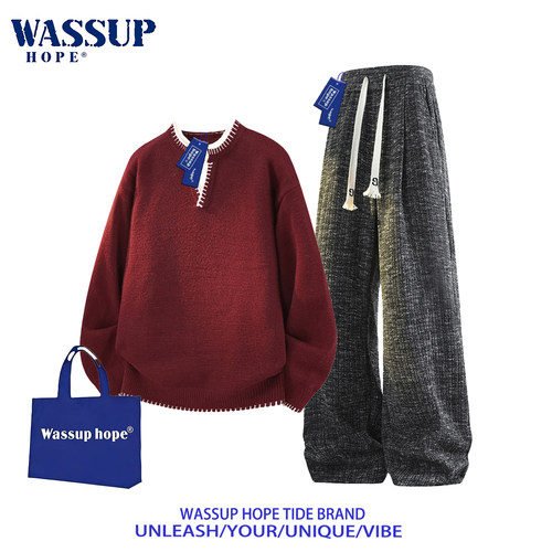 WASSUP HOPE休闲套装男春秋季新款假两件v领卫衣宽松直筒阔腿长裤 - 图1