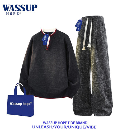WASSUP HOPE休闲套装男春秋季新款假两件v领卫衣宽松直筒阔腿长裤 - 图2