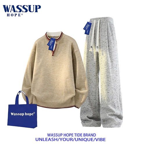 WASSUP HOPE休闲套装男春秋季新款假两件v领卫衣宽松直筒阔腿长裤 - 图0