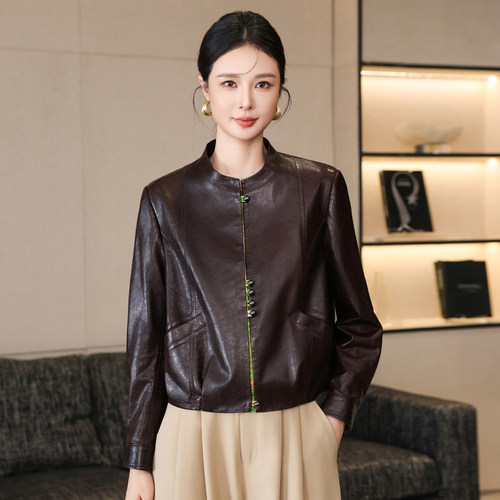 海宁油蜡真皮绵羊皮立领短款高端皮衣女复古气质外套2026新款春秋 - 图1