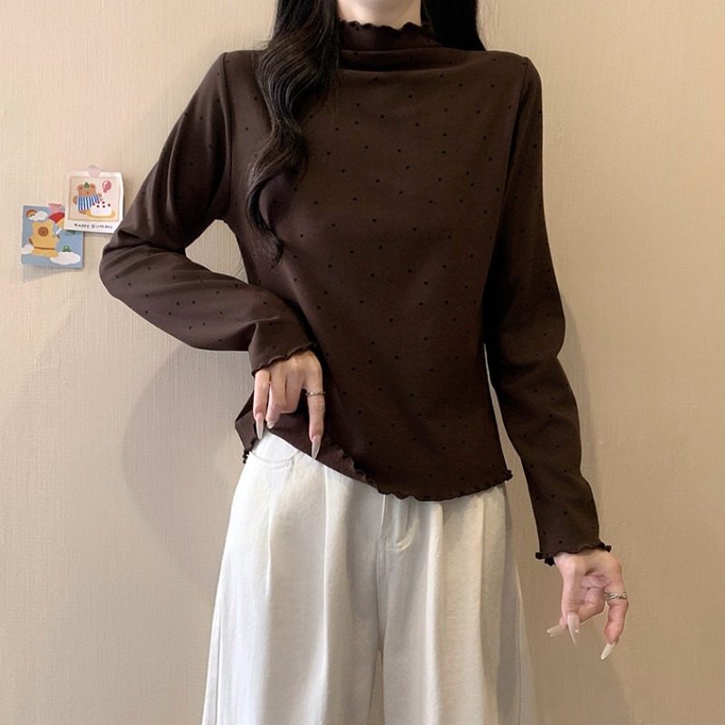 小吉家大码女装秋冬季新款半高领木耳边波点长袖打底上衣百搭T恤,淘宝优惠券,粉丝福利购,淘宝优惠卷