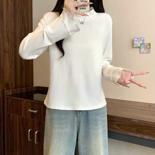 小吉家大码女装秋冬新款木耳边半高领长袖磨毛上衣显瘦打底T恤女 - 图0