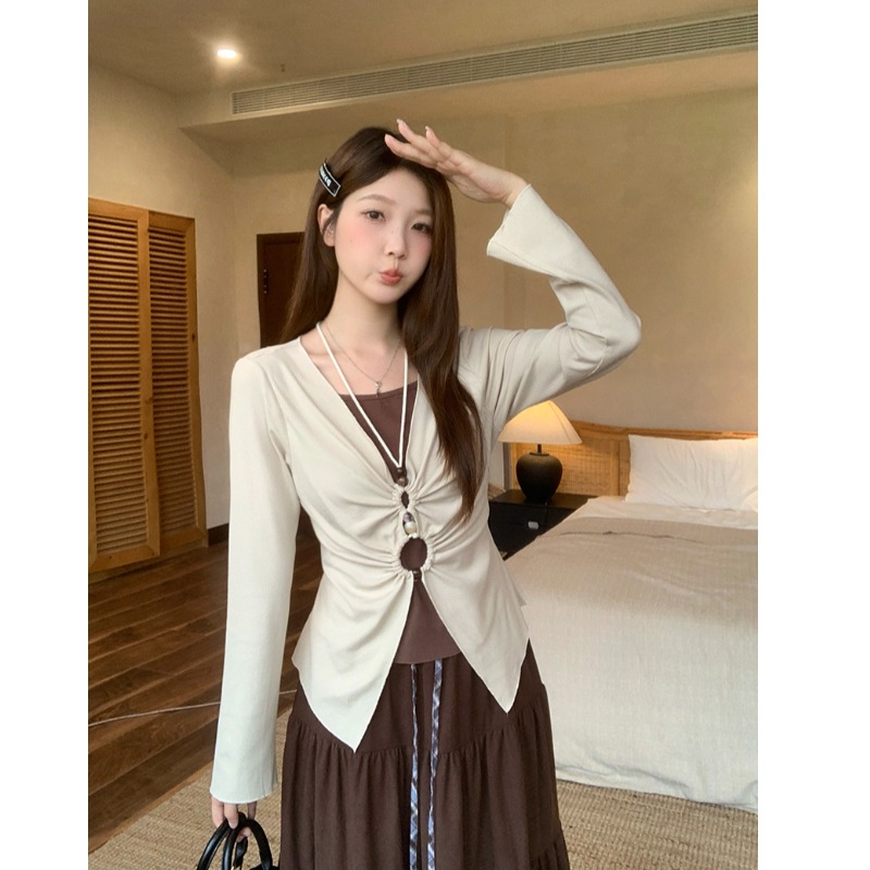 小吉家大码女装秋季新款胖mm设计感撞色假两件别致T恤长袖上衣女 - 图0