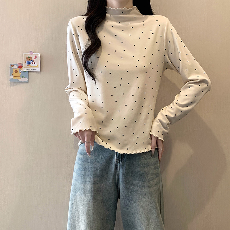 小吉家大码女装秋冬季新款半高领木耳边波点长袖打底上衣百搭T恤,淘宝优惠券,粉丝福利购,淘宝优惠卷