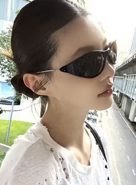 欧美夏季椭圆墨镜女弧形y2k未来科技高级感街拍防晒猫眼太阳镜男