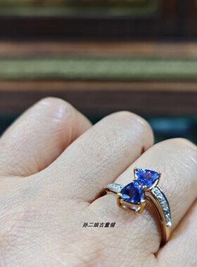 英国Vintage珠宝伯明翰产10K黄金镶嵌天然坦桑石钻石设计款戒指