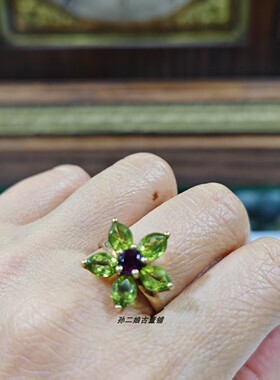 英国Vintage珠宝9K黄金镶嵌天然橄榄石红碧玺设计款戒指鸡尾酒戒