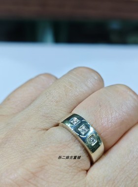 英国Vintage珠宝伯明翰产9K白金镶嵌3颗钻石宽版设计款戒指中古