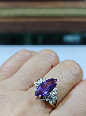 英国Vintage珠宝伯明翰产9K黄金镶嵌天然紫水晶钻石设计款戒指