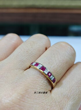 英国Vintage珠宝伯明翰产9K黄金镶天然红宝石钻石设计款戒指中古