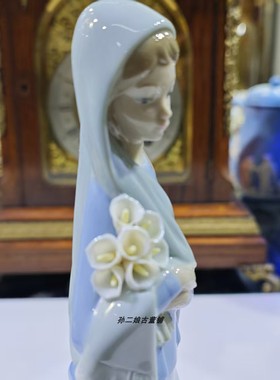 西班牙原产Lladro雅致瓷偶捧花女孩手工制作家居装饰摆件中古