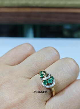 英国Vintage珠宝谢菲尔德产9K黄金镶嵌天然祖母绿钻石设计款戒指