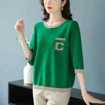 Middle-aged Mom 70% Sleeveless Knitted Sweatshirt Woman Spring Autumn Clothing Plus Fattening Overweight Mid-Sleeve Sweatshirt Ice Silk T Shirt Thin