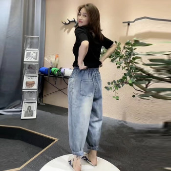 2024 ວ່າງ summer ບາງໆ denim jump pants ສໍາລັບແມ່ຍິງ elastic waist ripped harem pants ແອວສູງ retro carrot pants ເກົ້າຈຸດ