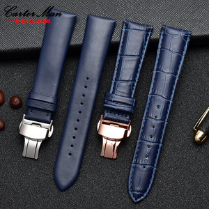 真皮手表带深蓝男女蝴蝶扣适用迪沃斯DAVOSA爱宝时罗西尼勋章蓝爵