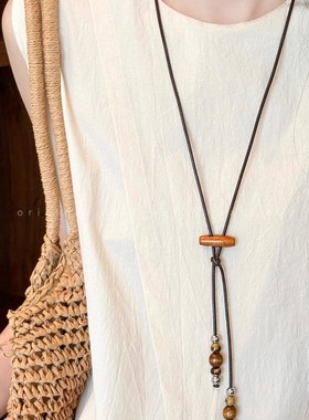 好饰 复古木质串珠吊坠项链女小众设计感民族风配饰时尚长款百搭