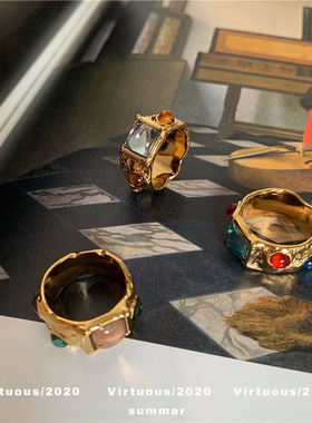 小众设计感复古镶嵌彩色宝石戒指欧美风轻奢华丽不规则金色食指戒