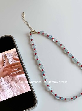 复古新款海蓝宝配红玛瑙圆珠项链手链套装 春夏天然石高级感饰品