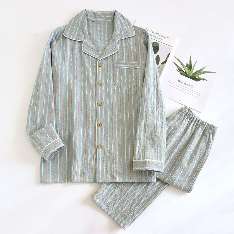 情侣睡衣春秋纯棉女长袖套装条纹日系大码2025新款全棉男士家居服 - 图2