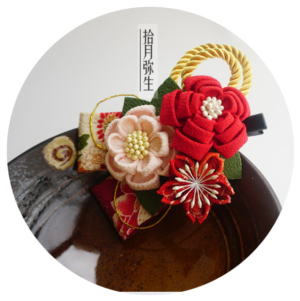 拾月弥生纯手工【花路】和风汉风布花发夹和服传统发饰一饰三用