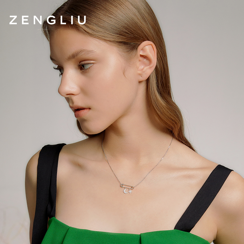 银别针项链女纯银锁骨毛衣链短款简约百搭星月吊坠 时尚 ZENGLIU 925 银别针项链女纯银锁骨毛衣链短款简约百搭星月吊坠 时尚 ZENGLIU 925