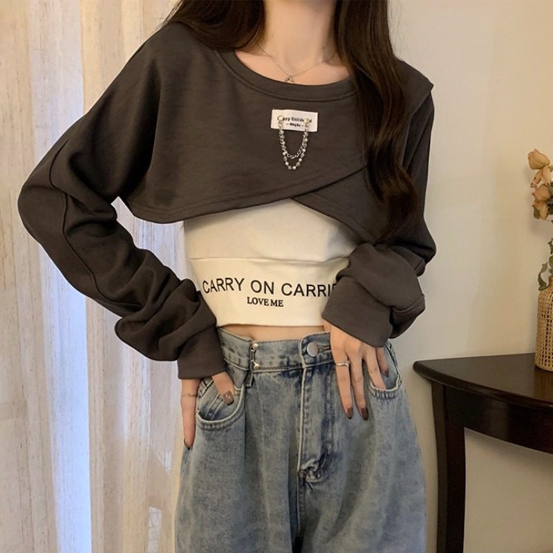 不规则短款卫衣女春秋小个子正肩美式欧货交叉长袖上衣吊带两件套,淘宝优惠券,粉丝福利购,淘宝优惠卷