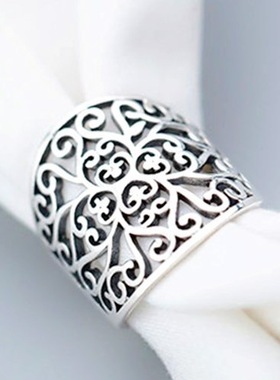 复古泰银镂空花戒指女简约创意文艺宽面雕花指环开口饰品厂家直销