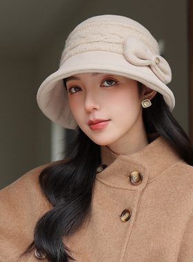 秋冬保暖针织渔夫帽蝴蝶结帽子女