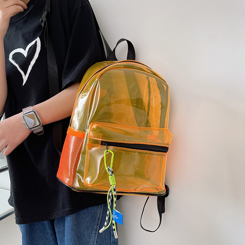 夏季透明pvc双肩包女糖果色中学生书包透明背包户外防水游泳包