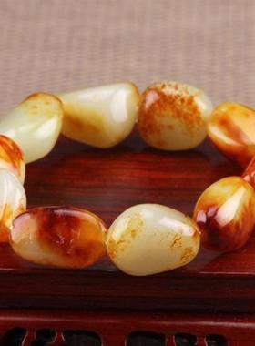 精选新疆和田玉籽料原石手串手链白玉带黄皮手链送人男女同款饰品