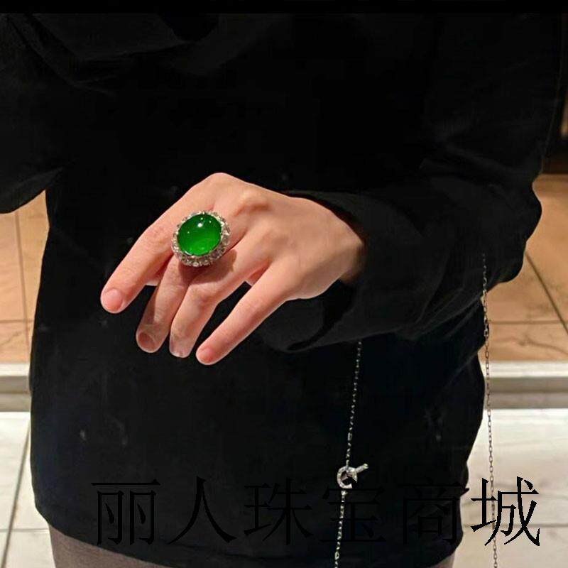 高端翡翠色戒指正阳绿小号扳指开口指环奢华气质大颗粒蛋面开口戒