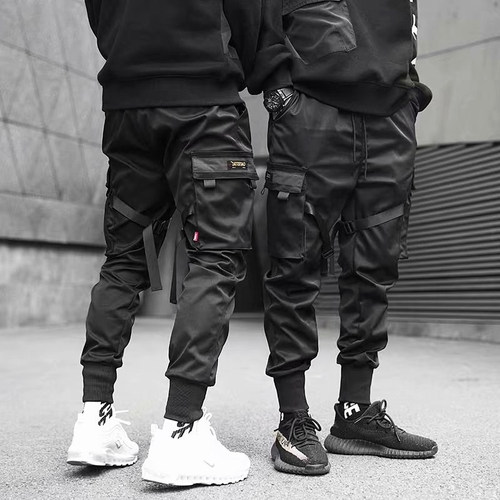 Men Block Black Pocket Cargo Pants Joggers Sweatpant Hip Hop - 图0
