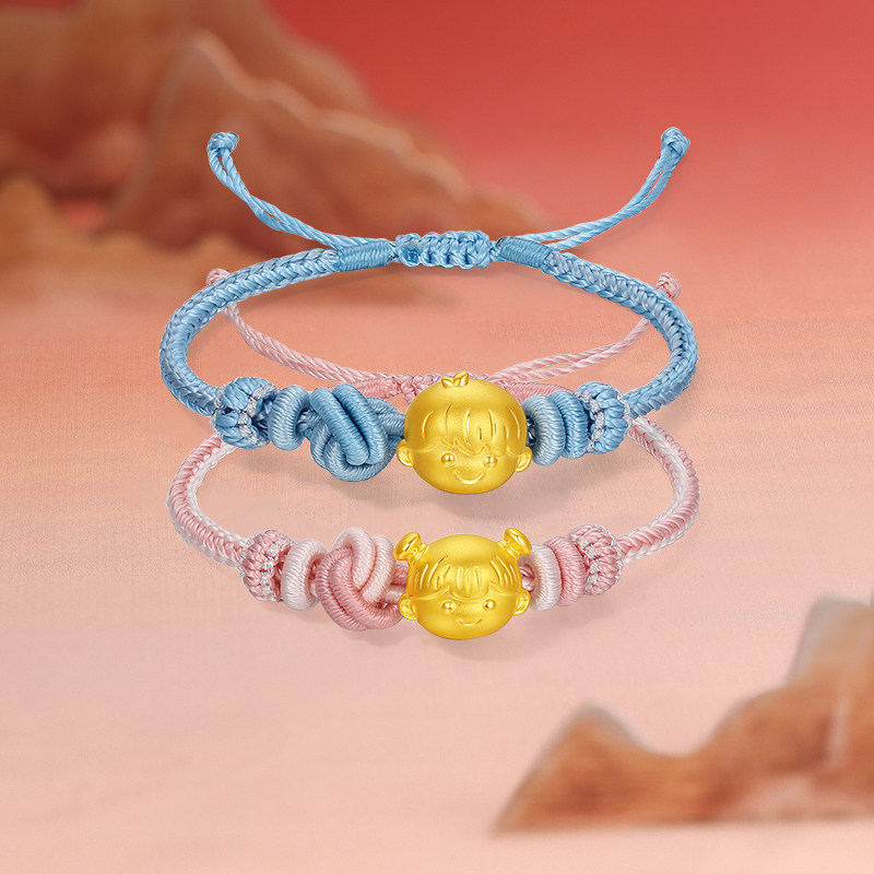 周六福黄金手绳宝宝款5d硬金定价粉蓝绳儿童满月生日周岁新年礼物,淘宝优惠券,粉丝福利购,淘宝优惠卷