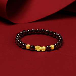 周六福黄金手串女3D硬金石榴石定价貔貅手链足金转运珠节日礼物