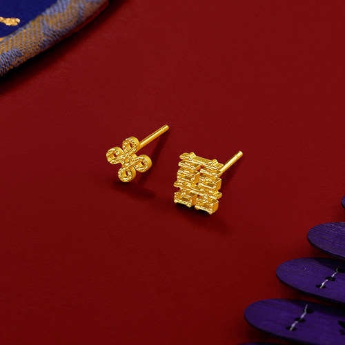 周六福黄金耳钉女足金双喜字结婚耳针耳饰计价中国风节日礼物 - 图1