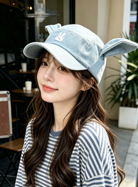 韩代兔耳牛仔鸭舌帽女春秋显脸小