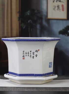 景德镇高温陶瓷大码花盆超大号栽树盆落地家用客厅带托盘中式六角