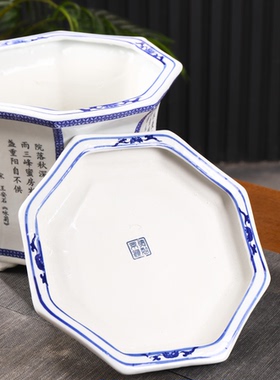 景德镇高温瓷陶瓷八角花盆大码矮胖大口径栽树花钵带托盘兰花盆