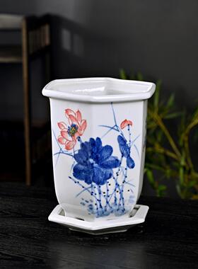 景德镇高温手绘青花瓷陶瓷高脚六角花盆兰花专用兰草高盆沈盆中式