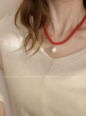 红豆南国~小众时尚水滴珍珠项链