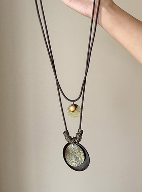 新中式禅意双层叠戴古铜圆牌项链