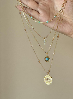 波西米亚多层十字架莲花项链女