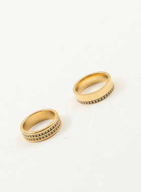 欧美跨境新款周圈镶锆石双层镶钻钛钢镀18k金戒指指环中指食指女