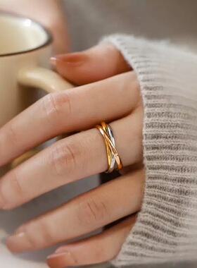 INS风新款百搭三环三色戒指钛钢指环韩版细款光面女士食指中指