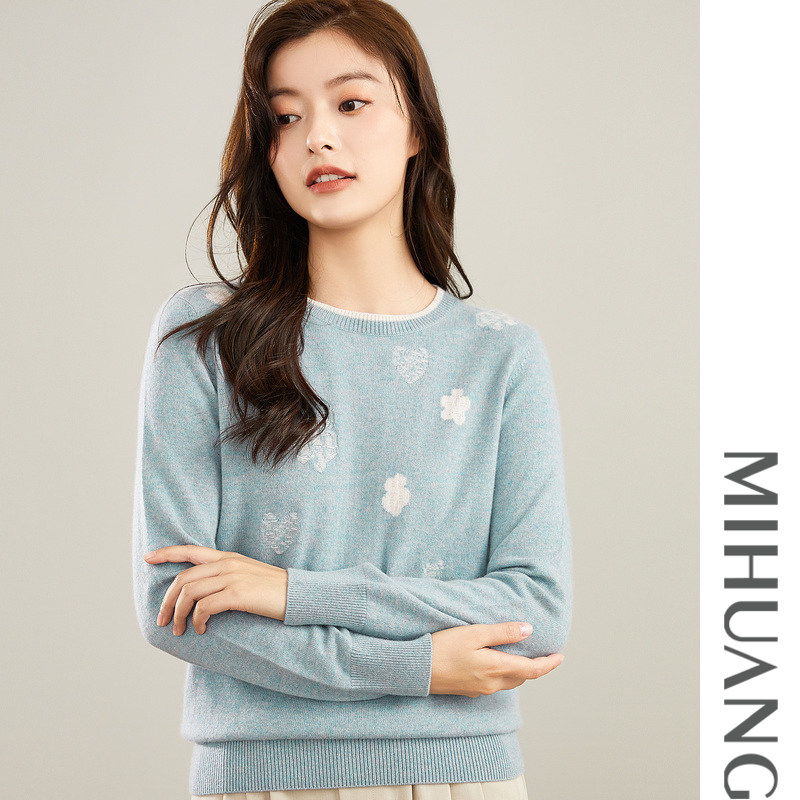 米皇秋季新款套头圆领长袖羊绒衫女休闲提花纯羊绒毛衣针织衫,淘宝优惠券,粉丝福利购,淘宝优惠卷