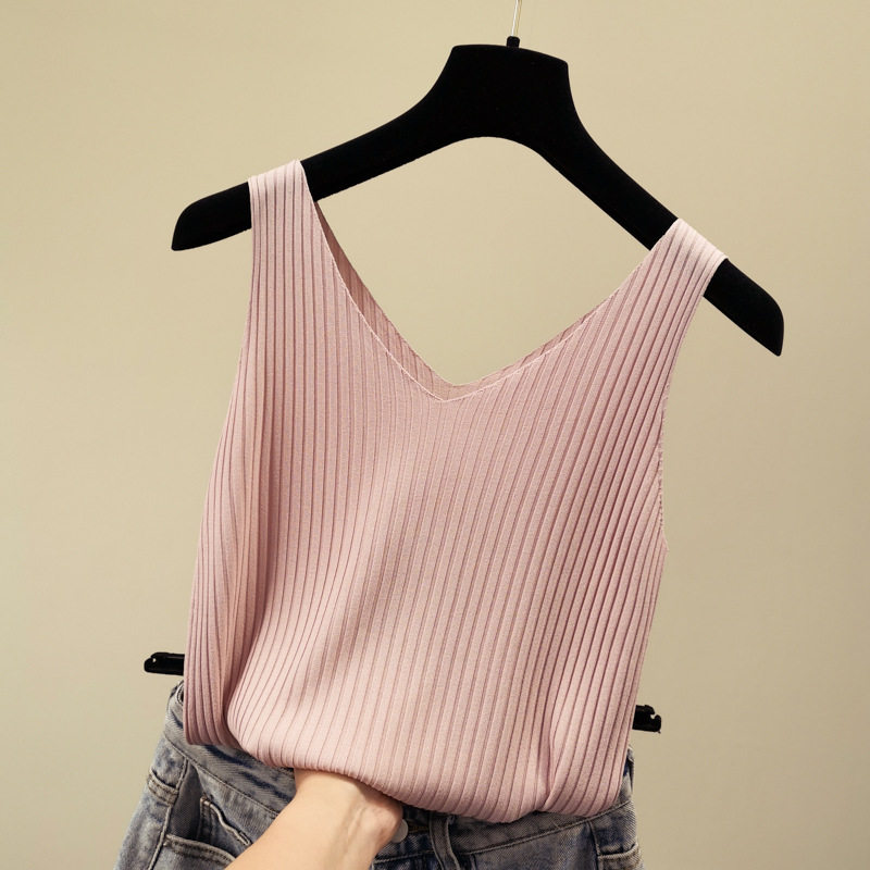 夏季新款v领无袖冰丝针织小吊带 康仕卡背心吊带