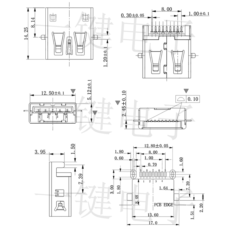 USB3.0AF居中连接器蓝胶母座90度贴片 9PIN充电卧式电路板维修 - 图2