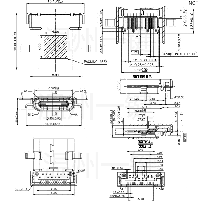 3.1 USB type C 24P 沉板式前插后贴母座 板端 单层 长体10.00 - 图2